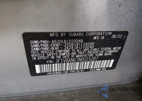 2022 Subaru Wrx Limited z USA, uszkodzony, nr VIN JF1VBAN67N8015287